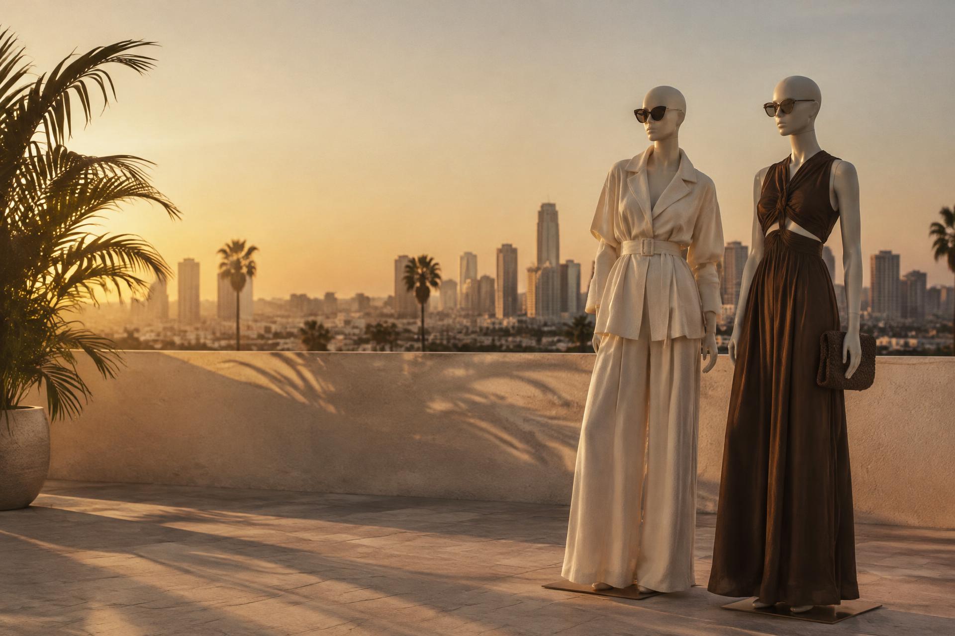 Evening looks styled on a rooftop terrace at golden hour
